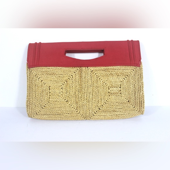 Vintage 70’s Woven Straw Clutch with Red Fabric Handle, Natural Retro - Picture 5 of 9